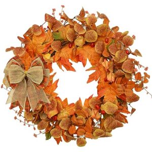 fall decor - fall wreaths for front door - 20 inch fall door wreath with bowknot, artificial eucalyptus wreath with pumpkin golden berries maple leaves for thanksgiving farmhouse decor