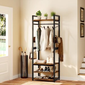 yitahome small heavy duty clothes rack with storage shelves and hanging rod, industrial hall tree garments rack, freestanding closet organizer for small space, entryway, bedroom, rustic brown