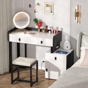 vanity desk with lighted mirror & power outlets, 44'' makeup vanity set with lights & 3 drawers, vanity mirror with lights desk & chair, dressing table with reversible cabinet & stool, white & black