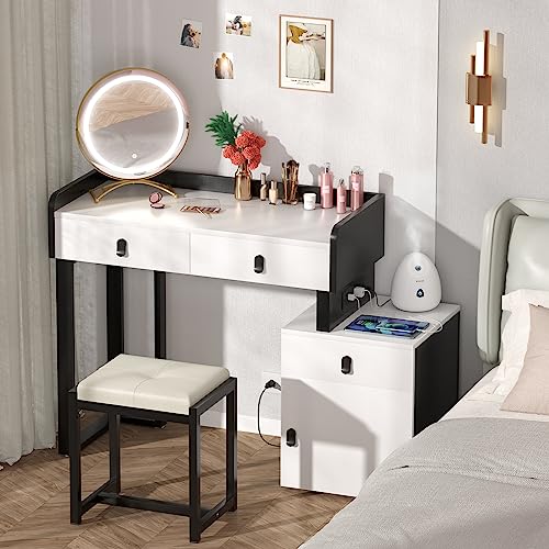 Vanity Desk with Lighted Mirror & Power Outlets, 44'' Makeup Vanity Set with Lights & 3 Drawers, Vanity Mirror with Lights Desk & Chair, Dressing Table with Reversible Cabinet & Stool, White & Black