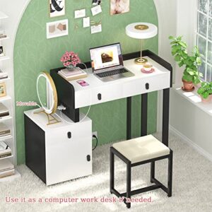 Vanity Desk with Lighted Mirror & Power Outlets, 44'' Makeup Vanity Set with Lights & 3 Drawers, Vanity Mirror with Lights Desk & Chair, Dressing Table with Reversible Cabinet & Stool, White & Black