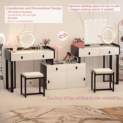 Vanity Desk with Lighted Mirror & Power Outlets, 44'' Makeup Vanity Set with Lights & 3 Drawers, Vanity Mirror with Lights Desk & Chair, Dressing Table with Reversible Cabinet & Stool, White & Black