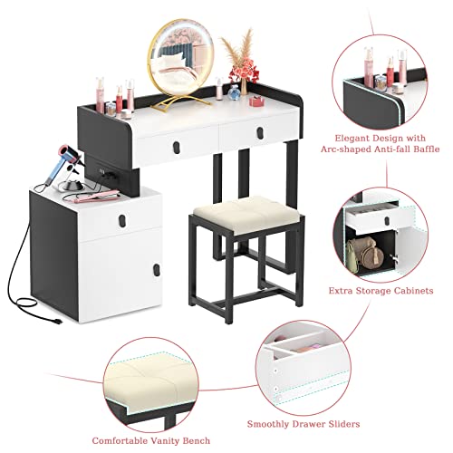 Vanity Desk with Lighted Mirror & Power Outlets, 44'' Makeup Vanity Set with Lights & 3 Drawers, Vanity Mirror with Lights Desk & Chair, Dressing Table with Reversible Cabinet & Stool, White & Black