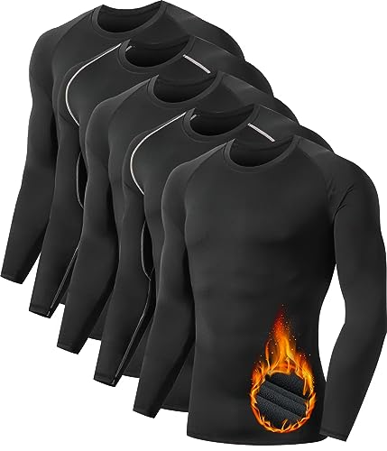 TELALEO 5 Pack Men's Thermal Compression Shirt Long Sleeve Athletic Base Layer Top Winter Cold Gear Workout Running Hunting 2XL