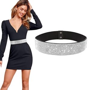 werforu women rhinestone wide crystal elastic dress belt bling sparkle stretch shiny party waist belt,black,fit waist size 40-43 inches