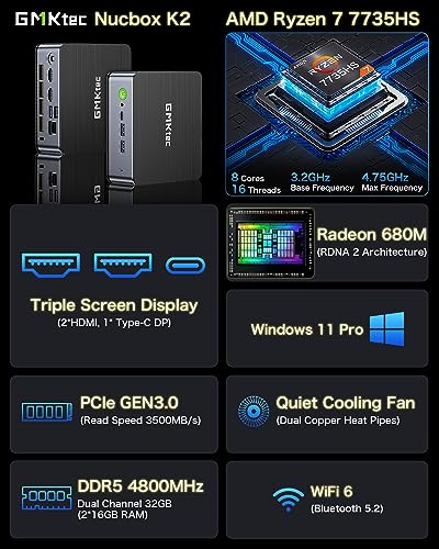 GMKtec Gaming Mini PC Windows 11 Pro AMD Ryzen 7 7735HS Mini Computer up to 4.75GHz 32GB DDR5 RAM 1TB Hard Drive PCIe SSD AMD Radeon 680M, 2 x HDMI, 1x USB4, 4X USB Ports, WiFi 6, BT5.2 Nucbox K2