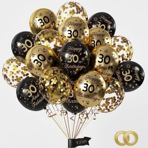 yiran 30th birthday balloons, black gold number 30 balloons, 15pcs happy birthday balloons party deocorations supplies, 12inch latex confetti balloons for adult men women