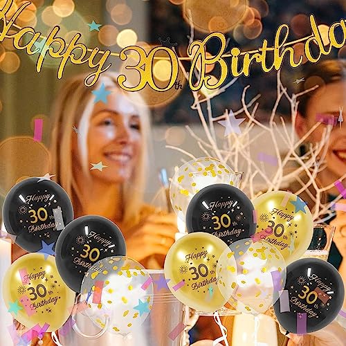 Yiran 30th Birthday Balloons, Black Gold Number 30 Balloons, 15Pcs Happy Birthday Balloons Party Deocorations Supplies, 12inch Latex Confetti Balloons for Adult Men Women