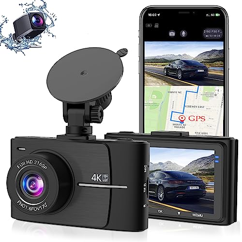 Dash Cam Front and Rear 4K Dash Cam Dash Camera for Cars Front 4K/2K Rear 1080P Built-in GPS with WiFi 3" IPS Display WDR Parking Mode, G-Sensor, Loop Recording, Night Vision, Support 128GB Max