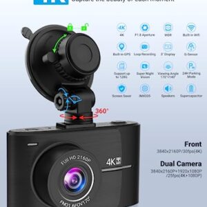 Dash Cam Front and Rear 4K Dash Cam Dash Camera for Cars Front 4K/2K Rear 1080P Built-in GPS with WiFi 3" IPS Display WDR Parking Mode, G-Sensor, Loop Recording, Night Vision, Support 128GB Max