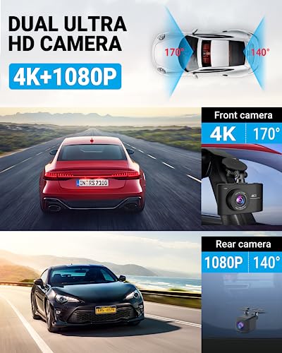 Dash Cam Front and Rear 4K Dash Cam Dash Camera for Cars Front 4K/2K Rear 1080P Built-in GPS with WiFi 3" IPS Display WDR Parking Mode, G-Sensor, Loop Recording, Night Vision, Support 128GB Max