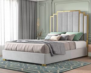 howe queen size bed frame and 61" headboard, upholstered bed with golden plating trim, modern platform bed no box spring needed, light grey