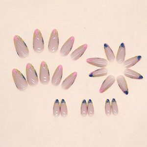 YOSOMK French Tip Medium Press on Nails Almond Fake Nails with Glitter Sequins Designs Luxury Glossy Glue on Acrylic Nails Bling Colorful False Nails for Women