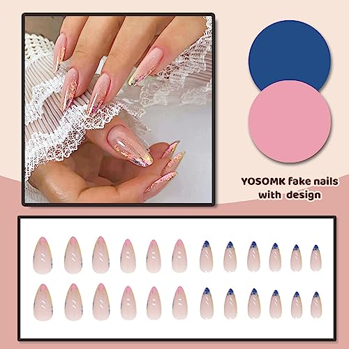 YOSOMK French Tip Medium Press on Nails Almond Fake Nails with Glitter Sequins Designs Luxury Glossy Glue on Acrylic Nails Bling Colorful False Nails for Women