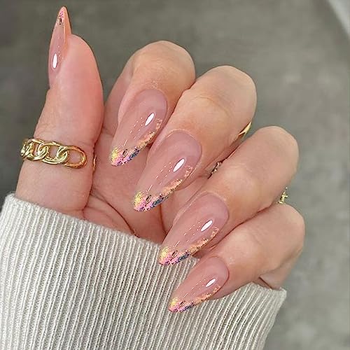 YOSOMK French Tip Medium Press on Nails Almond Fake Nails with Glitter Sequins Designs Luxury Glossy Glue on Acrylic Nails Bling Colorful False Nails for Women