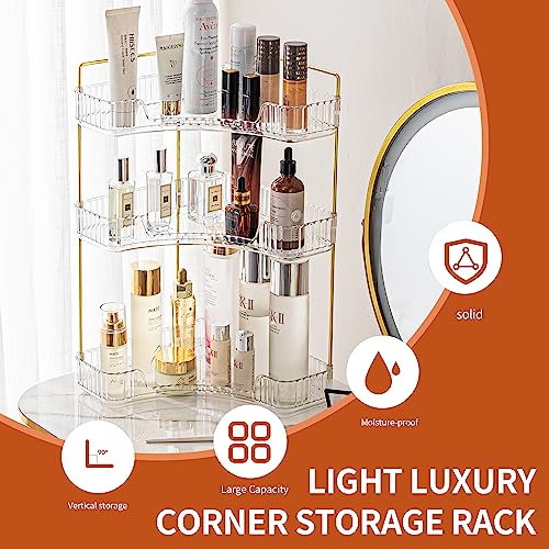 YCIA&DONE Corner Counter Bathroom Organizer Countertop, 3 Tiers Cosmetic Perfume Tray, Vanity Organizer for Makeup, Skincare, Clear Corner Rack for Bedroom, Bathroom, Kitchen(Clear White)