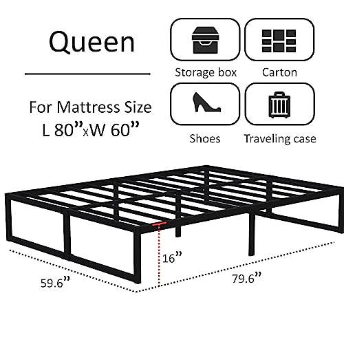 Lutown-Teen 16 Inch Bed Frame Queen Size Heavy Duty Steel Slat Support Metal Platform Queen Bed Frame No Box Spring Needed, Easy Assembly, Black