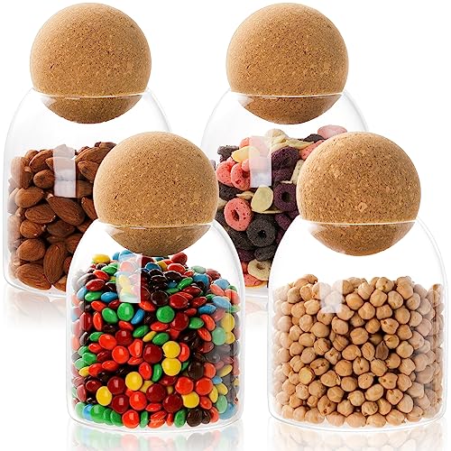 Suwimut 4 Pack Glass Storage Container with Ball Cork Lid, 500ml/17Oz Round Cork Glass Bottle, Small Candy Jar with Airtight Wood Ball Lid for Food, Coffee Bean, Sugar, Spice, Tea, DIY Decoration