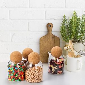 Suwimut 4 Pack Glass Storage Container with Ball Cork Lid, 500ml/17Oz Round Cork Glass Bottle, Small Candy Jar with Airtight Wood Ball Lid for Food, Coffee Bean, Sugar, Spice, Tea, DIY Decoration
