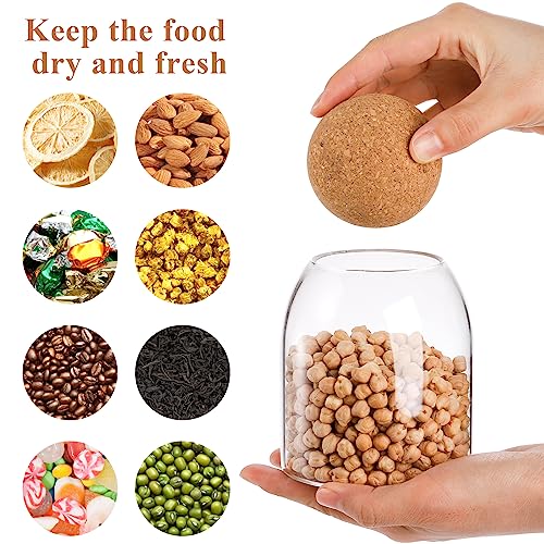 Suwimut 4 Pack Glass Storage Container with Ball Cork Lid, 500ml/17Oz Round Cork Glass Bottle, Small Candy Jar with Airtight Wood Ball Lid for Food, Coffee Bean, Sugar, Spice, Tea, DIY Decoration