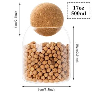 Suwimut 4 Pack Glass Storage Container with Ball Cork Lid, 500ml/17Oz Round Cork Glass Bottle, Small Candy Jar with Airtight Wood Ball Lid for Food, Coffee Bean, Sugar, Spice, Tea, DIY Decoration