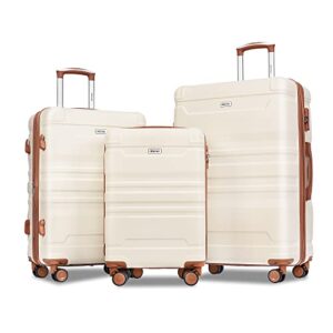 merax luggage sets 3 piece suitcase, hardside suit case with spinner wheels lightweight tsa lock, ivory/brown, 20/24/28 inch