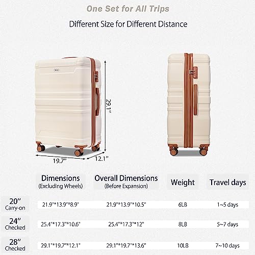 Merax Luggage Sets 3 Piece Suitcase, Hardside Suit case with Spinner Wheels Lightweight TSA Lock, Ivory/Brown, 20/24/28 Inch