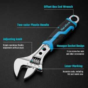 DURATECH 6 Inch Adjustable Wrench, 3-in-1 Spanner with Box End/Hex Function, CR-V Steel, Metric & SAE Scales, Chrome-plated, Bi-material soft Grip