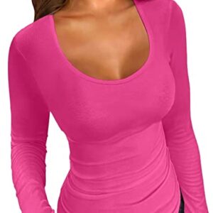 VICHYIE Fall Women's Square Neck Long Sleeve Shirts Scoop Ribbed Henley Tee Slim Fitted Casual Basic Tshirts Top Blouses Hot Pink L