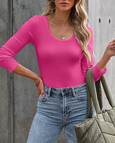 VICHYIE Fall Women's Square Neck Long Sleeve Shirts Scoop Ribbed Henley Tee Slim Fitted Casual Basic Tshirts Top Blouses Hot Pink L