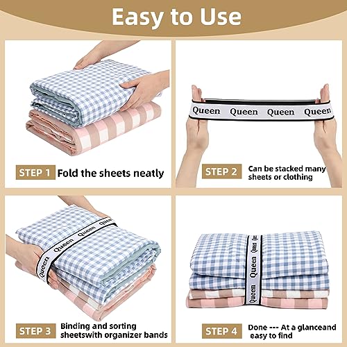 4Pcs Bed Sheet Organizer Bands Sheets Labels for Elastic Bedding Linen Closet Storage Foldable Sheet Set Organizer Sheet Keeper Band (Queen)