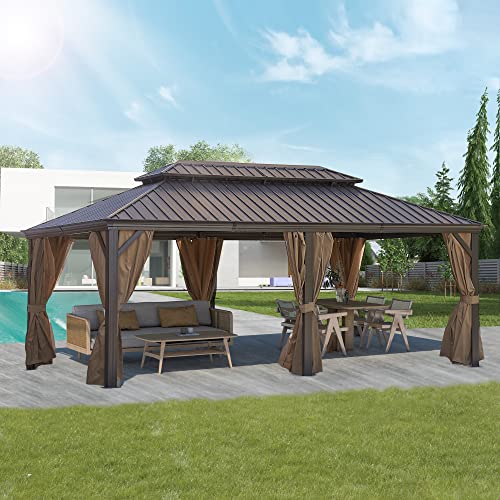 SUNDALY 12x20FT Hardtop Gazebo, Aluminum Patio Gazebo with Galvanized Steel Double Roof, Outdoor Permanent Gazebo Canopy with Curtains and Netting for Patio, Garden, Backyard, Deck