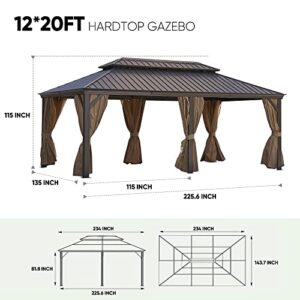 SUNDALY 12x20FT Hardtop Gazebo, Aluminum Patio Gazebo with Galvanized Steel Double Roof, Outdoor Permanent Gazebo Canopy with Curtains and Netting for Patio, Garden, Backyard, Deck