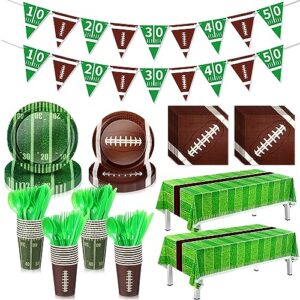 preboun 214 pcs football party supplies dinnerware set for 30 people, football party decorations including plates, cups, napkins, tablecloth, banner, knives forks and spoons set for sports birthday