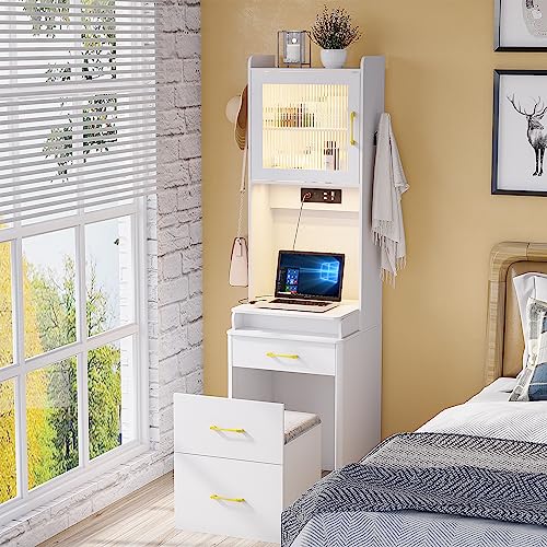 JDPAG Vanity Desk with Mirror and Lights, Makeup Vanity Table with Jewelry Cabinet and Cushioned Stool, Dressing Table Writing Desk with 3 Color Lighting Modes, Vanity Set for Bedroom, White