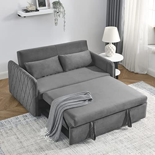 FANYE Loveseat Pull Out Sleeper Bed,2 Seater Sofa & Couch W/Adjustable Backrest Home Apartment Office Living Room Furniture Sets Sofabed, Gray Velvet Twin Two Pillows Side Pockets