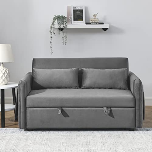 FANYE Loveseat Pull Out Sleeper Bed,2 Seater Sofa & Couch W/Adjustable Backrest Home Apartment Office Living Room Furniture Sets Sofabed, Gray Velvet Twin Two Pillows Side Pockets