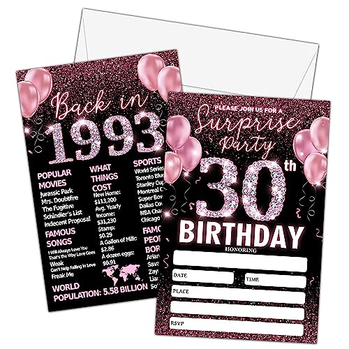 30th Rose Gold Diamonds Birthday Invitations Cards, Double -Sided Pink Glitter Fill-in Invites, 1993 Surprise Birthday Party Supplies Decorations (20 Invites + 20 Envelopes) -A05