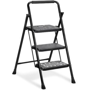 3 step ladder, miscoos folding step stool for adults with wide anti-slip pedal, sturdy steel ladder, lightweight, convenient handgrip, portable kitchen& household small step ladder, black