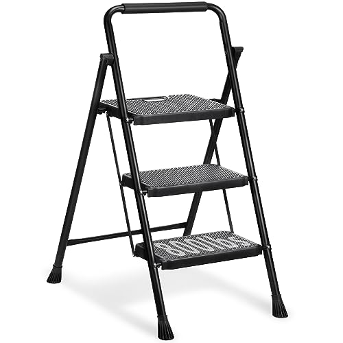 3 Step Ladder, Miscoos Folding Step Stool for Adults with Wide Anti-Slip Pedal, Sturdy Steel Ladder, Lightweight, Convenient Handgrip, Portable Kitchen& Household Small Step Ladder, Black