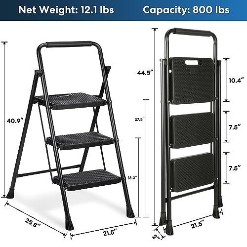 3 Step Ladder, Miscoos Folding Step Stool for Adults with Wide Anti-Slip Pedal, Sturdy Steel Ladder, Lightweight, Convenient Handgrip, Portable Kitchen& Household Small Step Ladder, Black