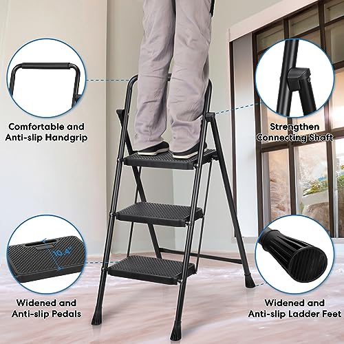 3 Step Ladder, Miscoos Folding Step Stool for Adults with Wide Anti-Slip Pedal, Sturdy Steel Ladder, Lightweight, Convenient Handgrip, Portable Kitchen& Household Small Step Ladder, Black