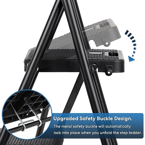 3 Step Ladder, Miscoos Folding Step Stool for Adults with Wide Anti-Slip Pedal, Sturdy Steel Ladder, Lightweight, Convenient Handgrip, Portable Kitchen& Household Small Step Ladder, Black
