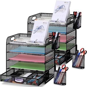 2 pack 5-tier desktop file sorter desk metal letter tray organizer letter tray with handle mesh desk file organizer letter/a4 tray organizer for office, school and home easy installation