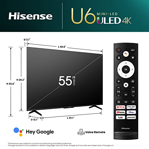 Hisense 55-Inch Class U6 Series ULED Mini-LED Google Smart TV (55U6K, 2023 Model) - QLED, Full Array Local Dimming, HDR 10+, Dolby Vision IQ, Game Mode Plus VRR, 240 Motion Rate, Compatible with Alexa