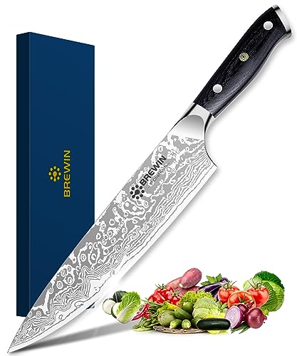 Brewin Chef Knife, Razor Sharp 8 Inch Kitchen Knife with Black Pakkawood Handle German High Carbon Stainless Steel Full Tang Professional Cooking Knives with Gift Box