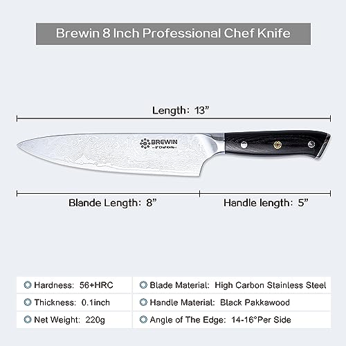 Brewin Chef Knife, Razor Sharp 8 Inch Kitchen Knife with Black Pakkawood Handle German High Carbon Stainless Steel Full Tang Professional Cooking Knives with Gift Box