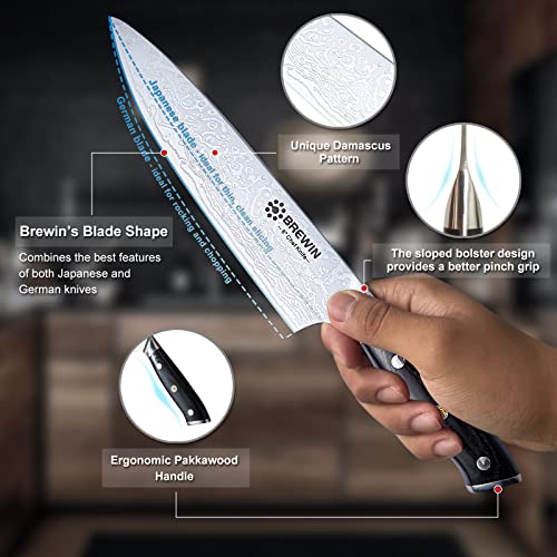 Brewin Chef Knife, Razor Sharp 8 Inch Kitchen Knife with Black Pakkawood Handle German High Carbon Stainless Steel Full Tang Professional Cooking Knives with Gift Box