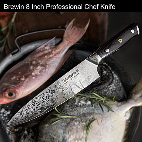 Brewin Chef Knife, Razor Sharp 8 Inch Kitchen Knife with Black Pakkawood Handle German High Carbon Stainless Steel Full Tang Professional Cooking Knives with Gift Box