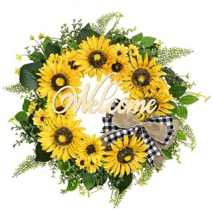 waipfaru sunflower wreaths for front door, 20'' sunflower door wreath with welcome sign and bow, spring summer wreath for farmhouse front porch patio window decor